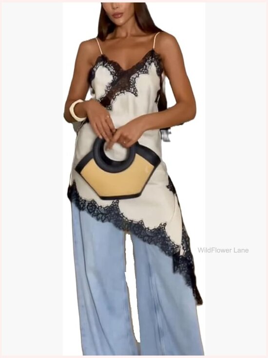 Tops - Satin Spaghetti Strap Cami Top Lace Trim High Low Asymmetrical Flowey Layering
